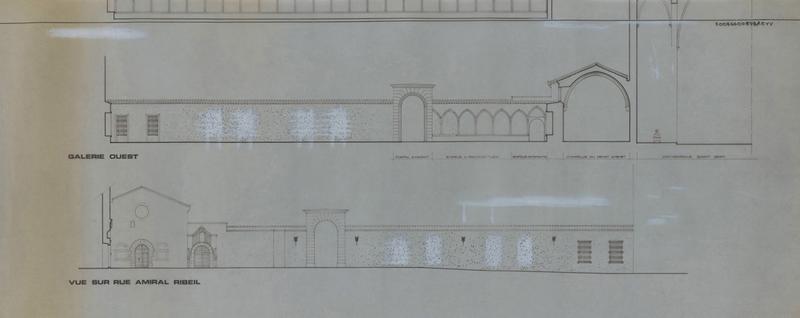 Cloître-cimetière Saint-Jean (appelé Campo Santo) : Etat des lieux ; élévations galerie ouest et vue sur rue Amiral Ribeil ; enfeux existants et à reconstituer.