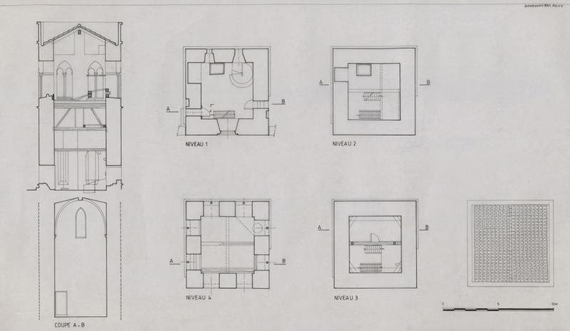 Etat des lieux : clocher ; plans des 4 niveaux, coupes, plan toiture.