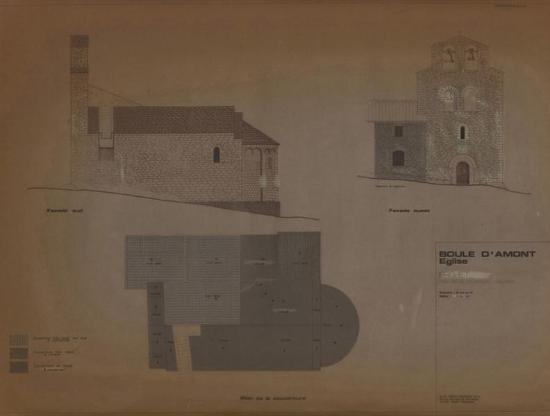 Projet : plan de la couverture ; élévations façades sud et ouest ; avec repérage des travaux envisagés.