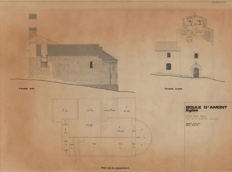 Etat des lieux : plan de la couverture avec sens des pentes ; élévations façades sud et ouest.