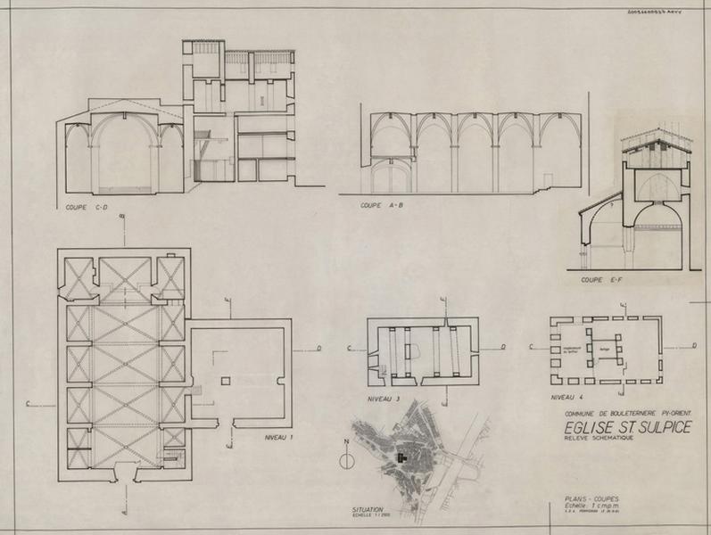 Relevé schématique ; plan de situation éch. 1/2 500 ; plan niveaux 1,3 et 4 ; coupes CD, AB et EF.
