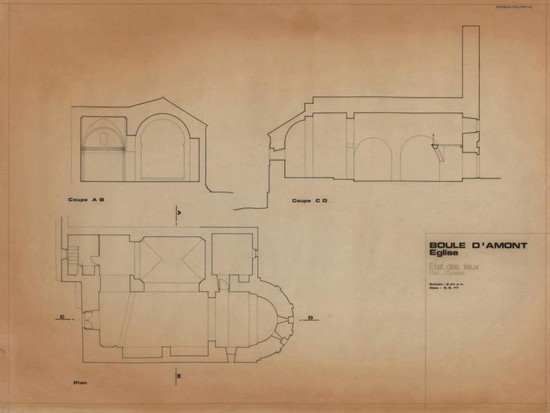 Etat des lieux : plan général ; coupe transversale AB et longitudinale CD.