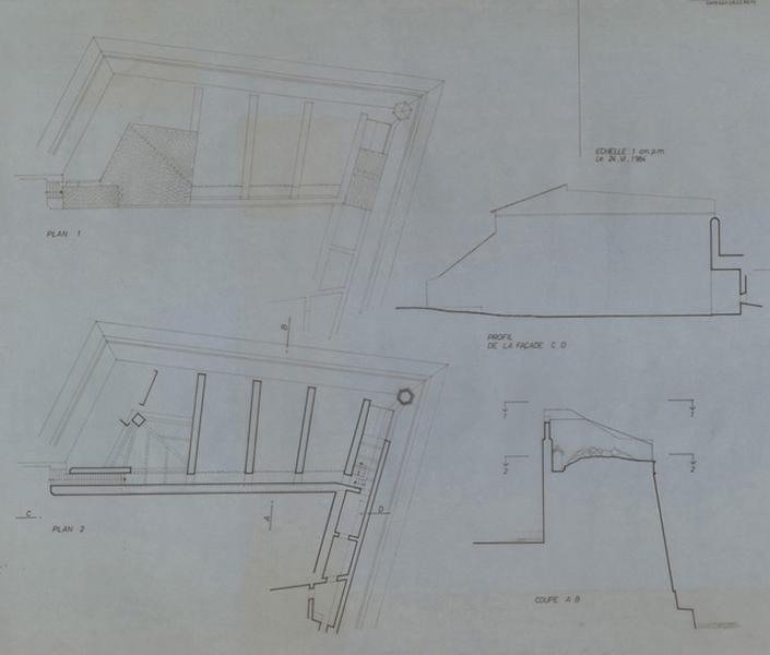 Bastion du Dauphin : plan d'ensemble niveau 1 et dernier ; profil de la façade CD ; coupe AB.