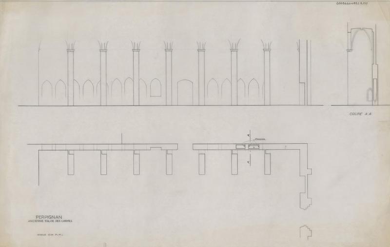 Elévation intérieure mur goutterot est des enfeux, plan et coupe AA.