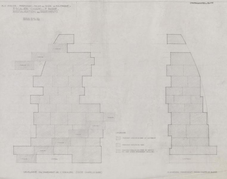 Palais des Rois de Majorque ; chapelle basse ; parements ; restauration : développé du parement de l'escalier, coté chapelle basse ; élévation parement dans chapelle basse ; chronologie des restaurations des parements.