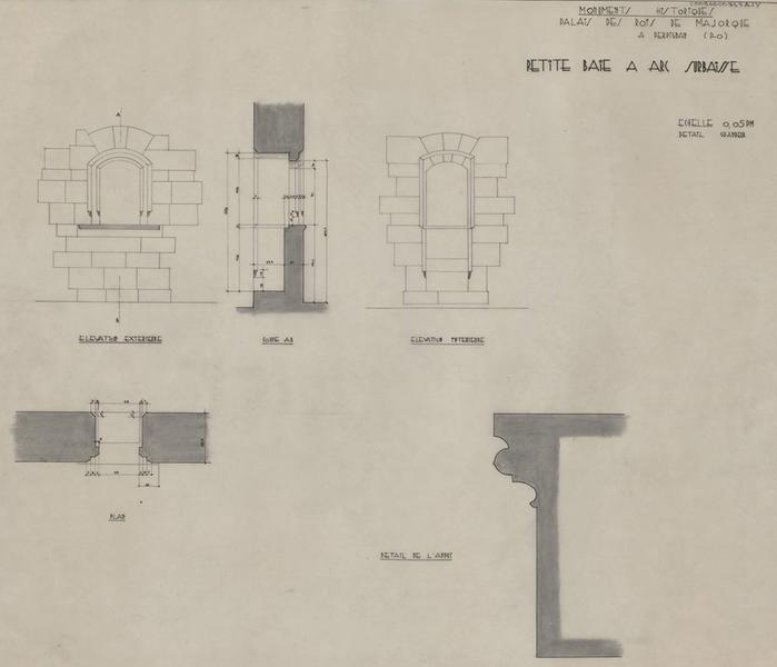 Palais des Rois de Majorque ; chapelle haute ; petite baie à arc surbaissé : plan vue de dessus, détail de l'appui, élévations extérieure et intérieure, coupe AB.