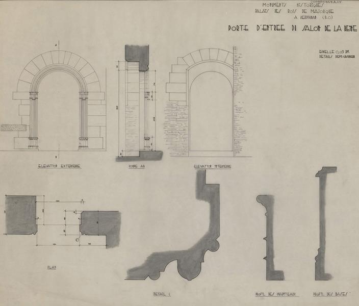 Palais des Rois de Majorque ; chapelle haute ; petite baie à arc surbaissé : plan vue de dessus, détail de l'appui, élévations extérieure et intérieure, coupe AB.