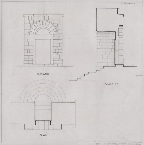 Palais des Rois de Majorque ; chapelle basse ; portail sud donnant sur la cour de la Reine : plan au sol, élévation et coupe AA.