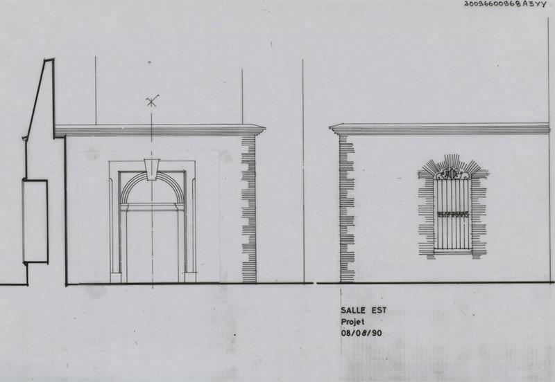 Cloître-cimetière Saint-Jean (appelé Campo Santo) ; salle à la colonne (aujourd'hui détruite) ; projet : élévation porte et élévation façade.