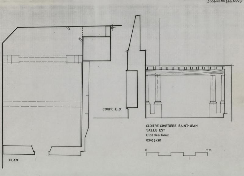 Salle à la colonne (aujourd'hui détruite) ; état des lieux : plan général, coupe est-ouest.