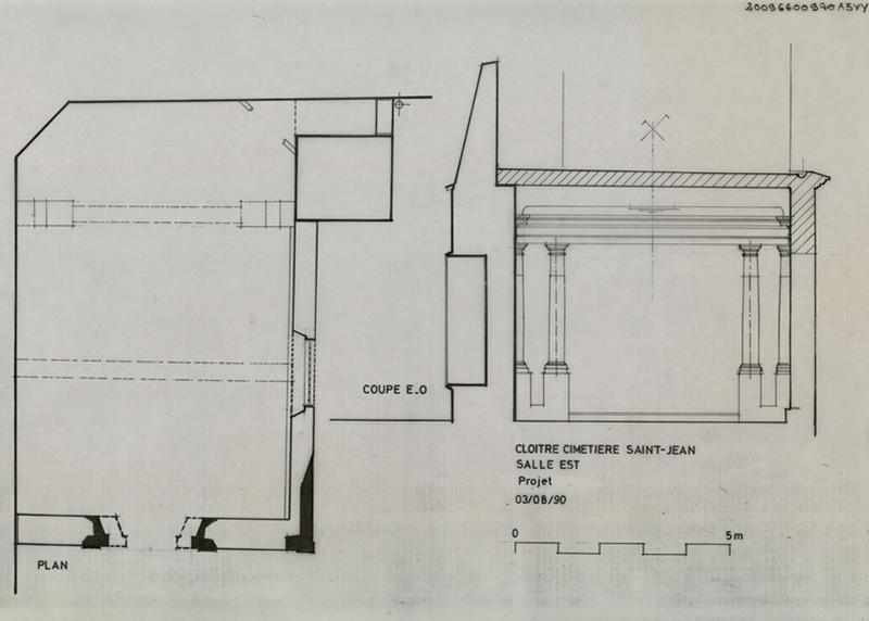 Salle à la colonne (aujourd'hui détruite) ; projet : plan général, coupe est-ouest.