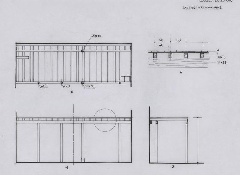 Chapelle Notre-Dame-de-Laval ; tribune ; état des lieux : 1-élévation ;2-coupe ; 3-plan au sol ; 4-coupe partielle lambourdes.