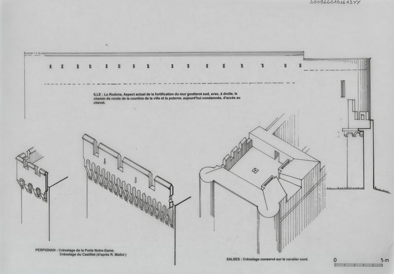 Crènelage en cayrou et créneaux en fusillade : vues axonométriques de la Porte Notre-Dame du Castillet ; élévation sur crènelage de la fortification du mur goutterot sud et chemin de ronde de la courtine de la ville de l'église de la Rodona.