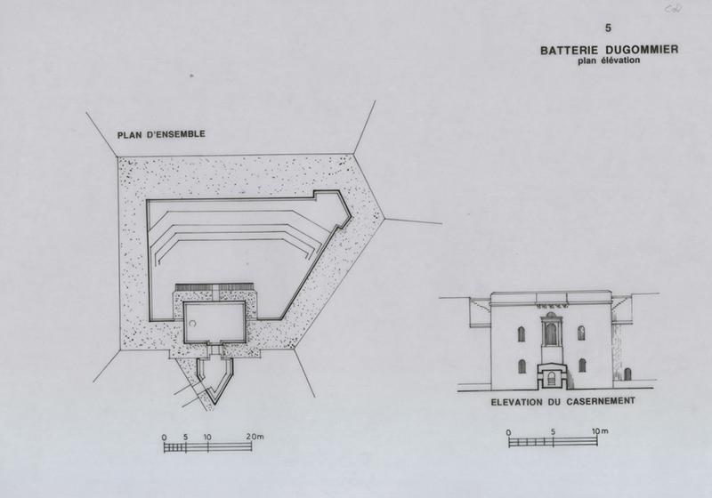 Plan d'ensemble, élévation du casernement.