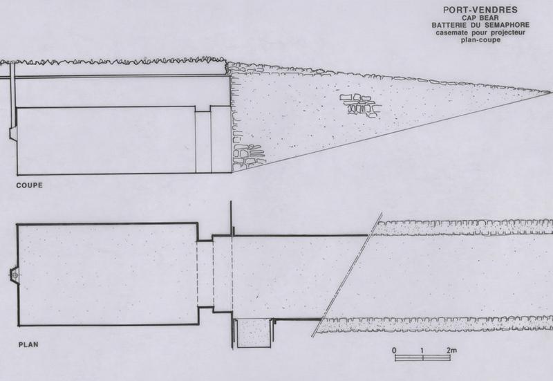 batterie du sémaphore ; casemate pour projecteur : plan et coupe.