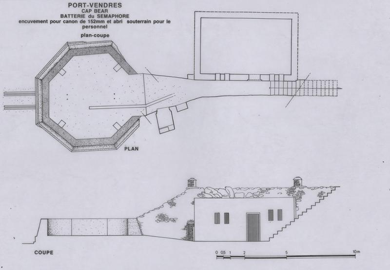 batterie du sémaphore ; encuvement pour canon de 152 mm et abri souterrain pour le personnel : coupe et plan.