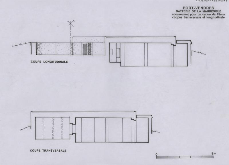 Batterie de la Mauresque : Encuvement pour un canon de 75 mm : coupes transversale et longitudinale.