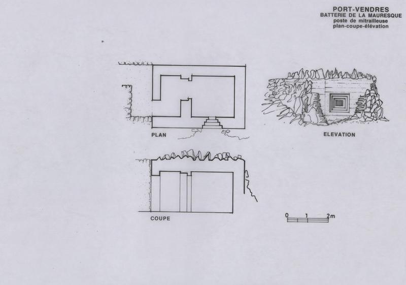 Batterie de la Mauresque : poste de mitrailleuse : coupe, plan et élévation.