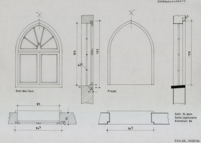 Salle capitulaire ; état des lieux : plan, coupe et élévation ; projet : plan, coupe et élévation.