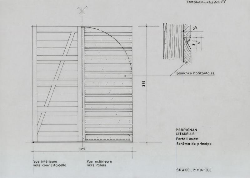 Citadelle ; portail ouest : schéma de principe ; élévations cotées intérieure et extérieure ; coupe des planches horizontales.