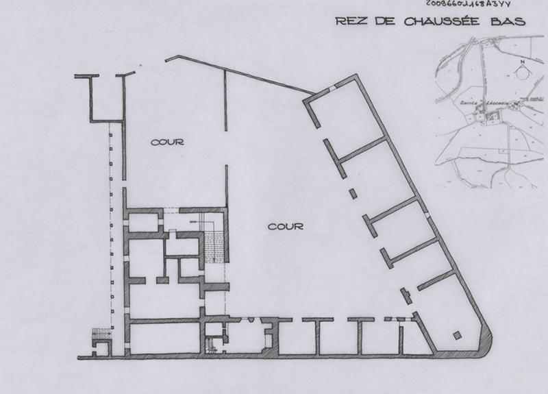 Plan d'ensemble du rez-de-chaussée bas d'après le relevé du CAUE et plan de situation.