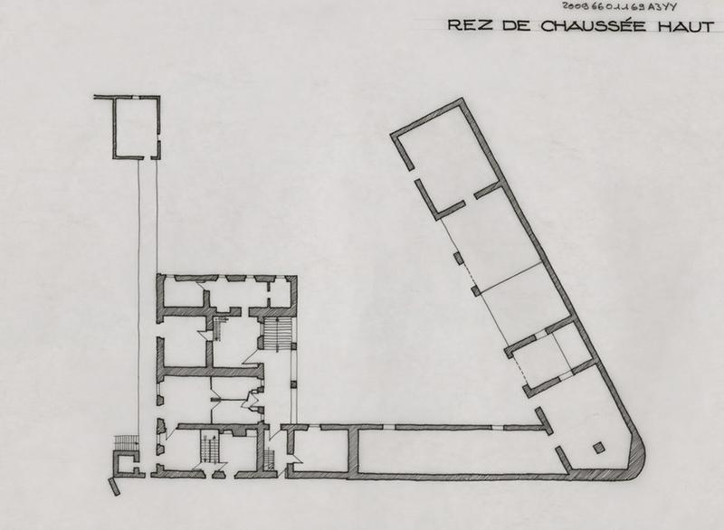 Plan d'ensemble du rez-de-chaussée haut d'après le relevé du CAUE et plan de situation.