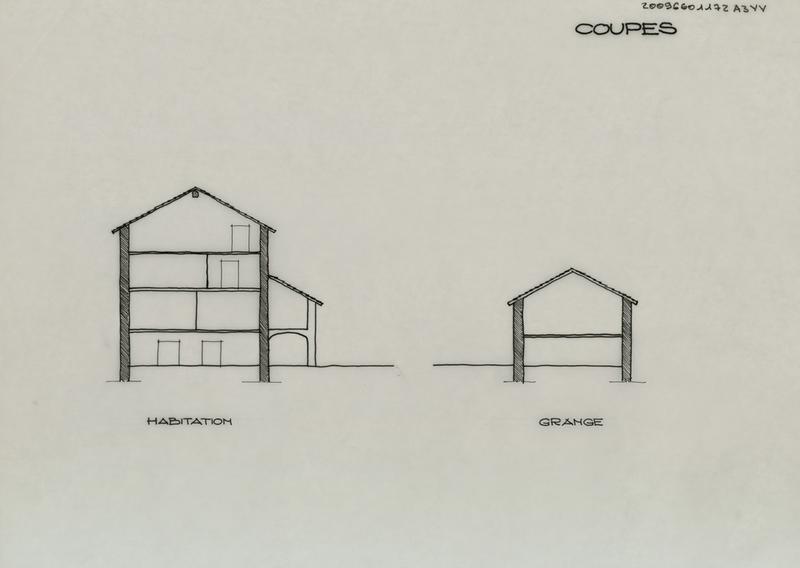 Coupes de l'habitation et de la grange d'après les relevés du CAUE.