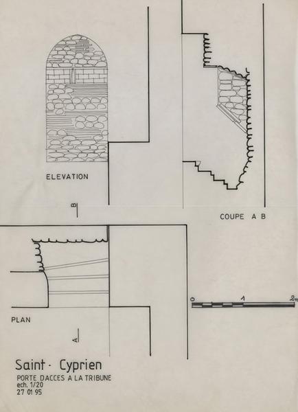 Porte d'accès à la tribune : plan, élévation et coupe AB.