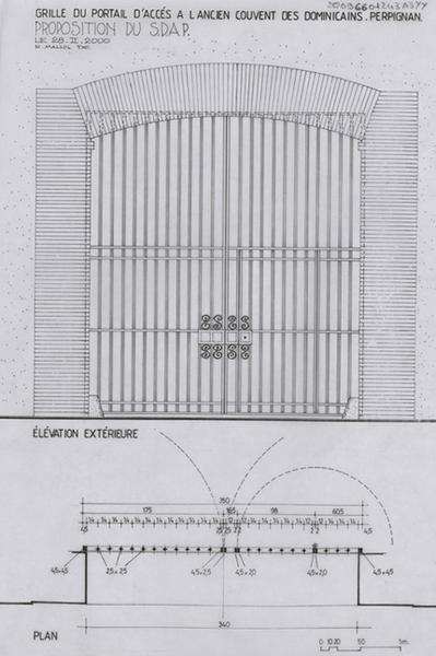 Grille du portail d'accès à l'ancien Couvent des dominicains ; proposition du SDAP : plan coté et élévation extérieure.