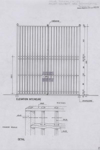 Grille du portail d'accès à l'ancien Couvent des Dominicains ; proposition du SDAP : détail de la grille ; élévation intérieure cotés.