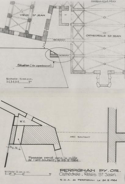 Relais Saint-Jean : plan de situtation du passage percé dans la culée de l'arc boutant éch. 1/200 et paln général éch. 1/50.