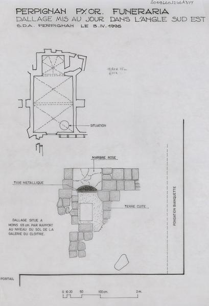 Funéraria : détail du dallage mis à jour dans l'angle sud-est éch. 1/200 ; plan de situation.