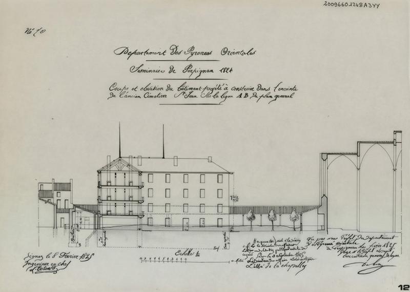 Coupe et élévation du bâtiment projeté à construire dans l'enceinte de l'ancien cimetière Saint Jean sur la ligne AB du plan général copié à l'Agence des Bâtiments de France d'après les plans de 1824 de l'Ingénieur en Chef à Perpignan.