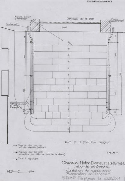 Couvent Saint-Dominique ; abords extérieurs ; création de garde-corps ; rénovation de l'escalier : plan détaillé avec légende des travaux à effectuer.