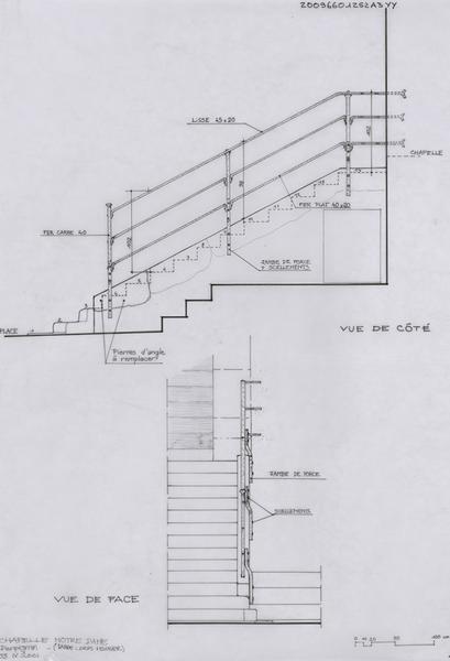 Couvent Saint-Dominique ; abords extérieurs ; création de garde-corps ; rénovation de l'escalier : plan détaillé avec légende des travaux à effectuer vues de face et de coté.