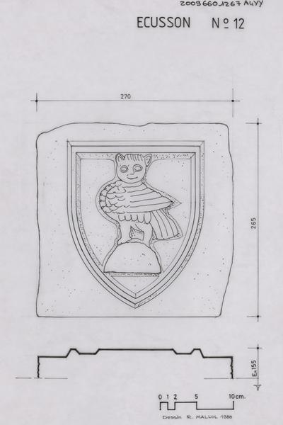 Ancienne Gendarmerie, ci-devant Grand Séminaire ; pierre sculptée (fragment) en marbre blanc provenant du Campo Santo ; écusson portant une chouette sur un mont : vue de face, détails et cotes de la pierre.