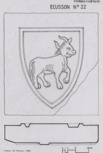 Ancienne Gendarmerie, ci-devant Grand Séminaire ; pierre sculptée (fragment) en marbre blanc provenant du Campo Santo ; écusson portant une vache : plan sur la ligne médiane, vue de face, détails et cotes de la pierre.