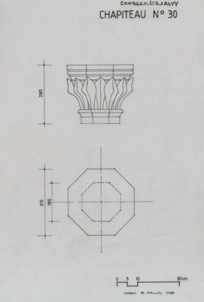 Ancienne Gendarmerie, ci-devant Grand Séminaire ; pierre sculptée (fragment) en marbre blanc d'un chapiteau provenant du Campo Santo : plan octogonal des lits de pose et d'attente coté, vue de face avec détails et cotes de la pierre.