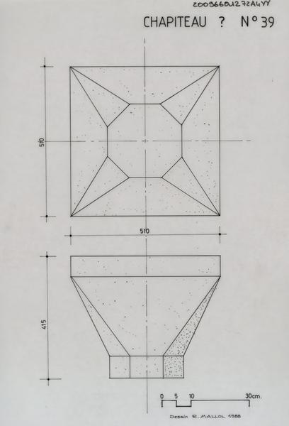 Ancienne Gendarmerie, ci-devant Grand Séminaire ; pierre sculptée (fragment) en marbre blanc d'un chapiteau provenant du Campo Santo : plan des lits de pose et d'attente coté, vue de face, cotes de la pierre.