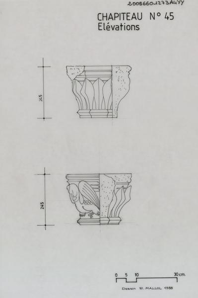 Ancienne Gendarmerie, ci-devant Grand Séminaire ; pierre sculptée (fragment) en marbre blanc d'un chapiteau provenant du Campo Santo portant sur une face un feuillage, une autre deux animaux fantastiques affrontés : élévations, cotes de la pierre.