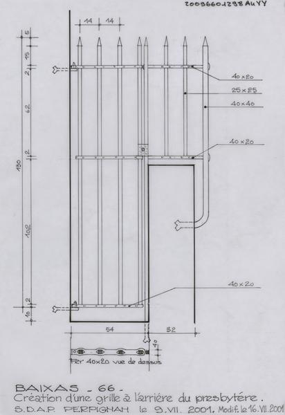 Presbytère ; création d'une grille à l'arrière : élévation cotée et détaillée de la grille ; vue de dessus.