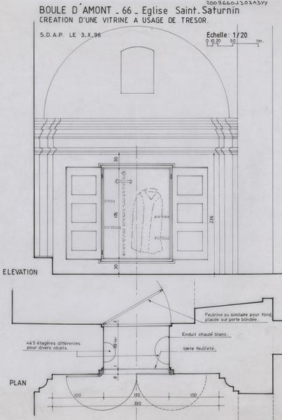 Création d'une vitrine à usage de trésor : plan et élévation cotés avec mention des aménagements à effectuer.