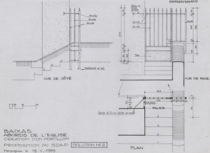 Abords de l'église ; création d'un portillon ; solution 2 : vues de coté et de face, plan, le tout coté et mention des aménagements à effectuer.