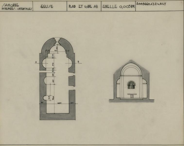 Plan au sol coté et coupe transversale sur l'abside.