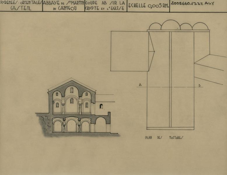 Coupe AB sur la crypte et l'église, plan des toitures.