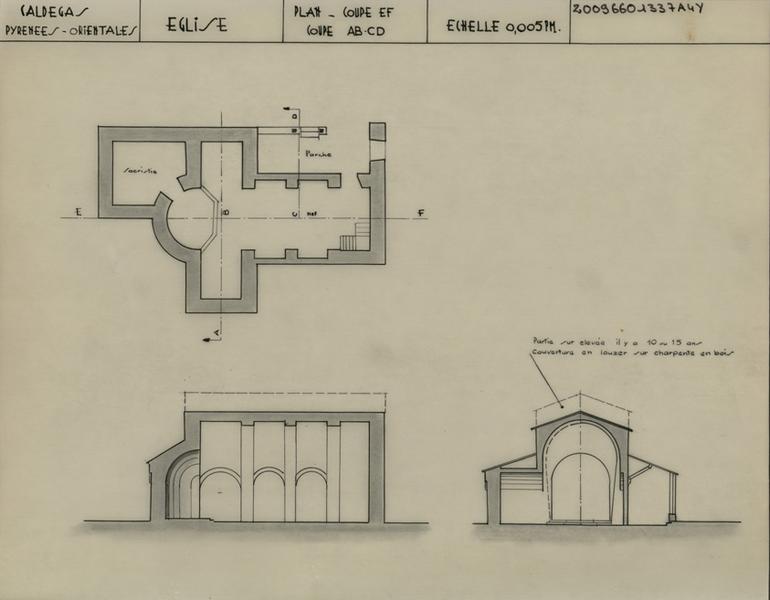 Coupes transversale et longitudinale ; plan général avec repères des coupes.