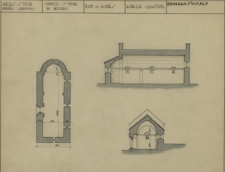 Plan général coté ; coupes longitudinale et transversale.