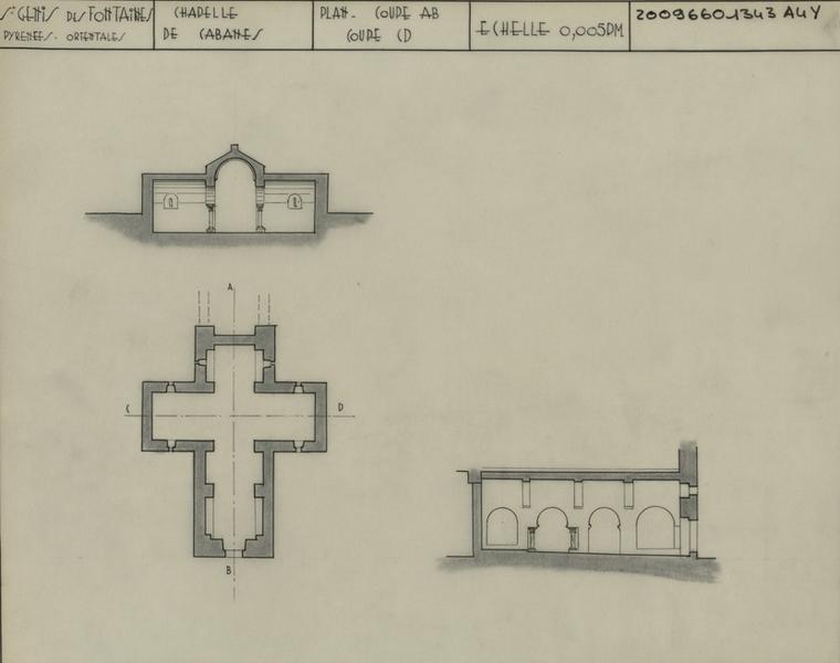 Plan général avec repères des coupes ; coupes longitudinale AB et transversale CD.