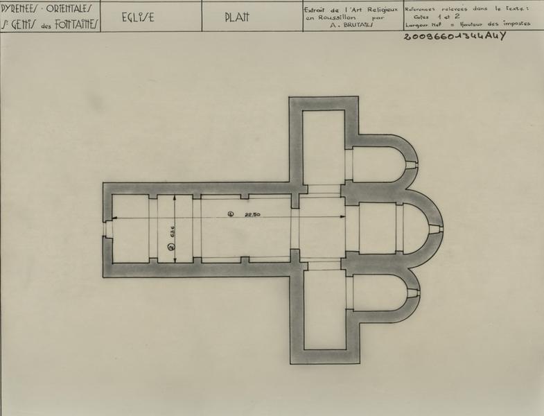 Plan général coté d'après l'extrait de l' Art Religieux en Roussillon par A. Brutails ; références relevées dans le texte, cotes 1 et 2, largeur nef = hauteur des impostes.