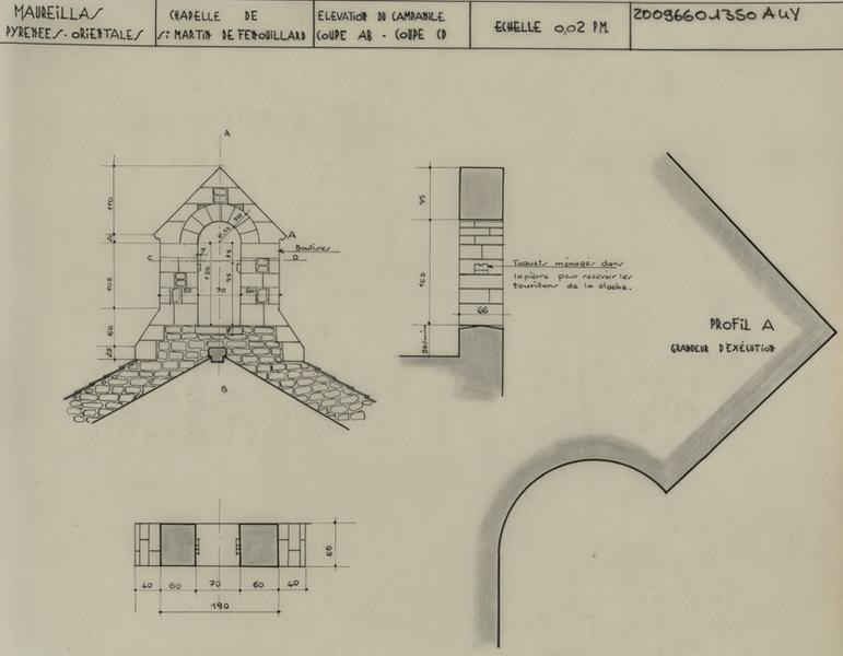 Elévation du campanile ; coupes AB et CD ; profil A éch. 1/1